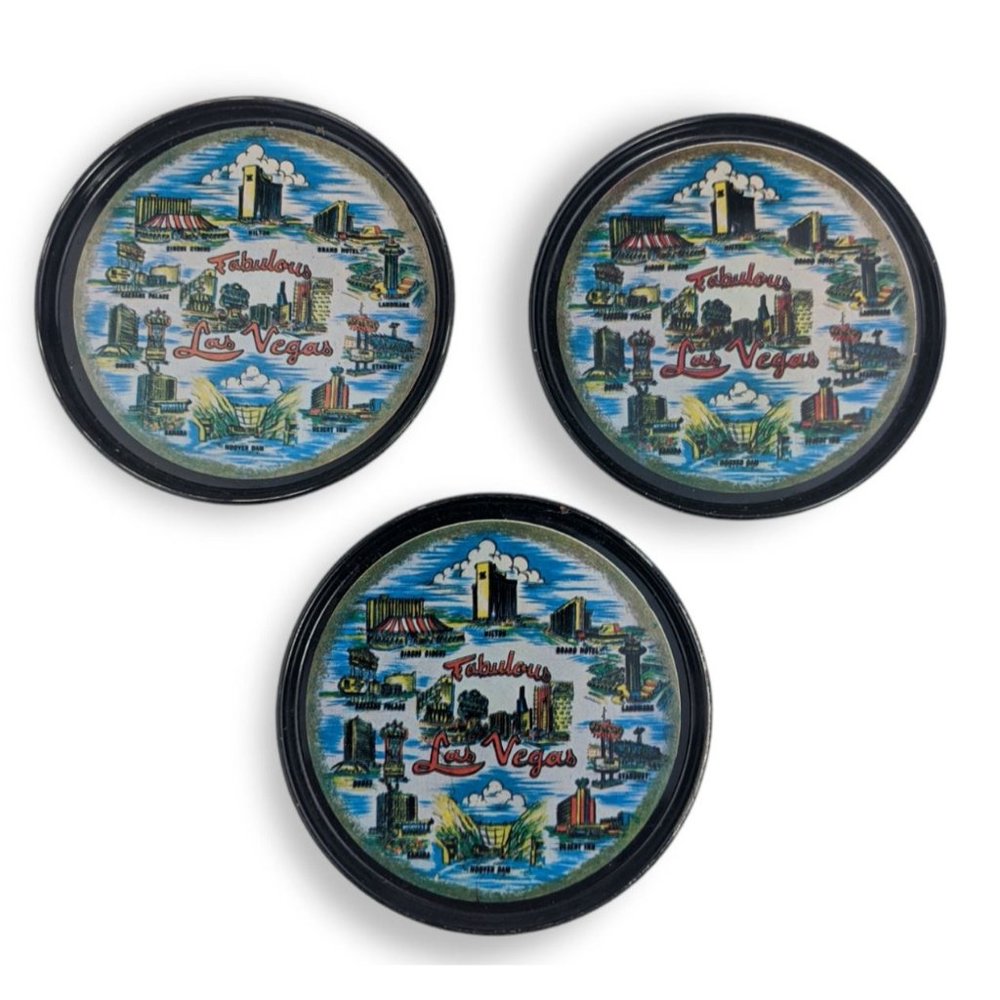 Fabulous Las Vegas 3 in Round Decorative Metal Coaster Vintage Casinos Set of 3